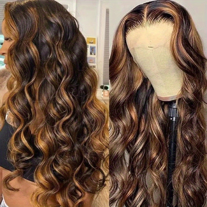 13x4 HD Transparent Lace Front Wig Brazilian Human Hair 4/27 Highlights Body Wave Curls 200% Density Glueless Wig for Women - Suitable for All Ethnicities & Light Beige Tones, Versatile Hairpiece | Elegant Hairpiece | Full Lu